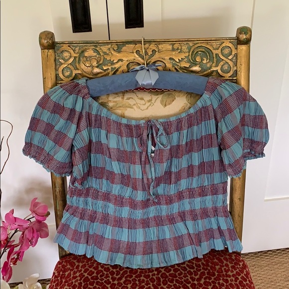 FREE PEOPLE VIVI COTTON CROPPED SMOCKED STRIPED CROP TOP IN BLUE/RED SZ. S , L - Picture 8 of 16